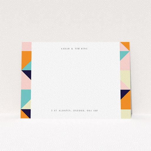 A couples personalised note card template titled "Sloane Squares". It is an A6 card in a landscape orientation. "Sloane Squares" is available as a flat card, with mainly orange colouring.