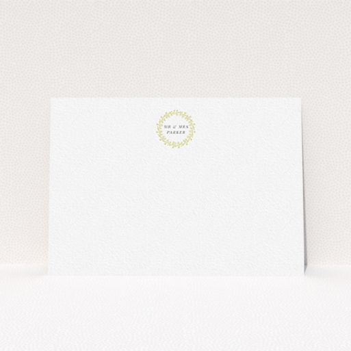 A couples personalised note card template titled "Somerset Garland". It is an A6 card in a landscape orientation. "Somerset Garland" is available as a flat card, with tones of white and gold.