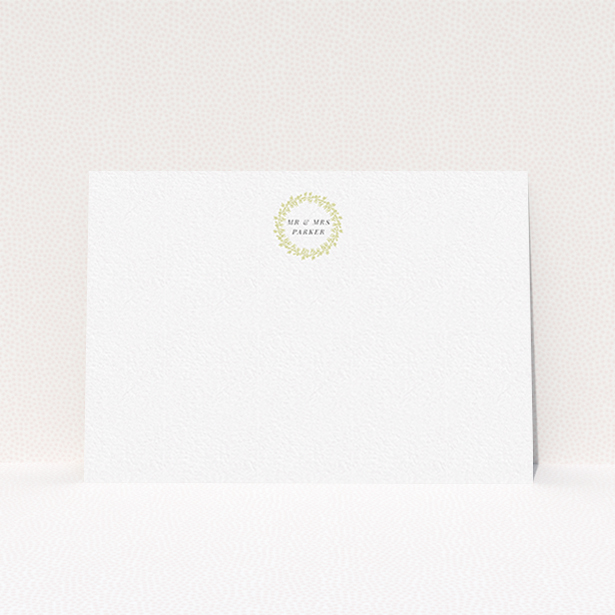 A couples personalised note card template titled "Somerset Garland". It is an A6 card in a landscape orientation. "Somerset Garland" is available as a flat card, with tones of white and gold.
