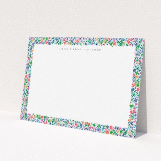 A couples personalised note card design named 'Spring smudge'. It is an A5 card in a landscape orientation. 'Spring smudge' is available as a flat card, with mainly green colouring.