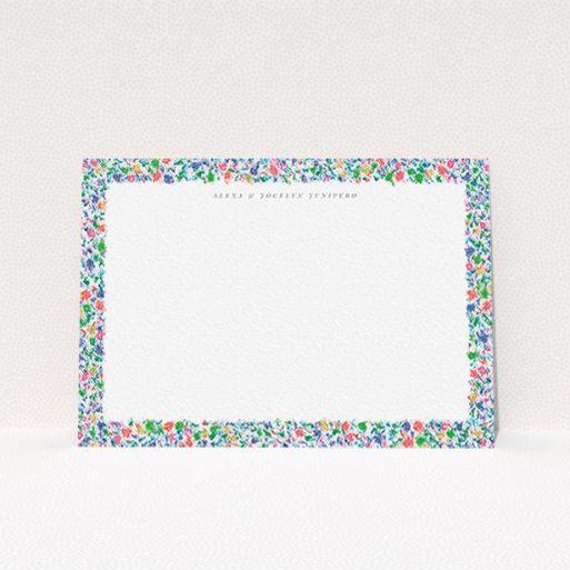 A couples personalised note card design called "Spring smudge". It is an A6 card in a landscape orientation. "Spring smudge" is available as a flat card, with mainly green colouring.