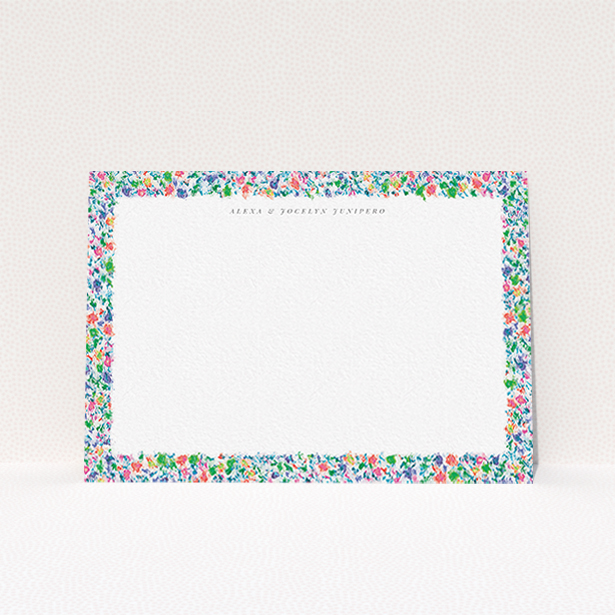 A couples personalised note card design called "Spring smudge". It is an A6 card in a landscape orientation. "Spring smudge" is available as a flat card, with mainly green colouring.