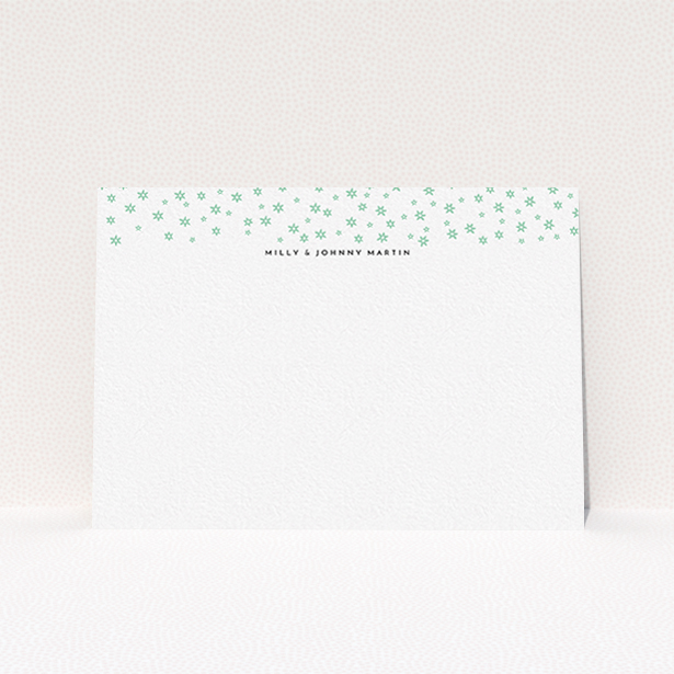 A couples personalised note card template titled "Stars at night". It is an A6 card in a landscape orientation. "Stars at night" is available as a flat card, with tones of white and green.