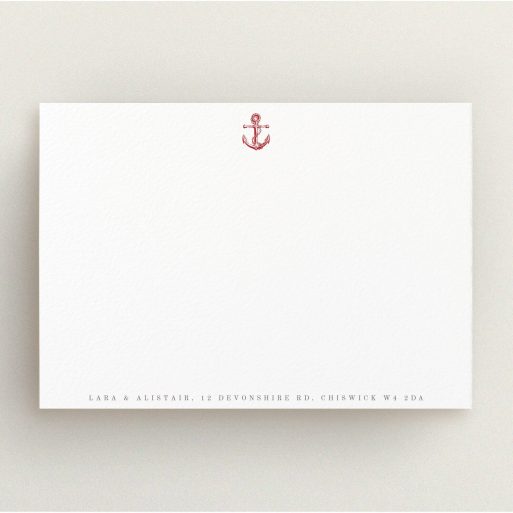 Personalised Note Card Design (Couples) - "Steamboat" A couples personalised note card design called "Steamboat". It is an A5 card in a landscape orientation. "Steamboat" is available as a flat card, with tones of white and red.