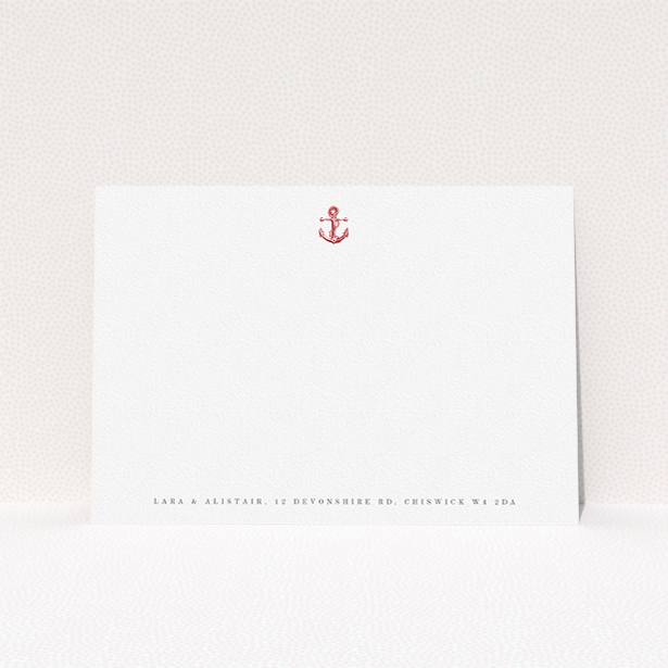 A couples personalised note card design called "Steamboat". It is an A5 card in a landscape orientation. "Steamboat" is available as a flat card, with tones of white and red.
