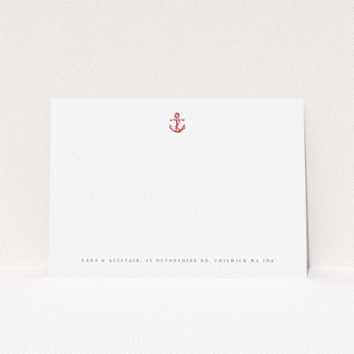 A couples personalised note card design named "Steamboat". It is an A6 card in a landscape orientation. "Steamboat" is available as a flat card, with tones of white and red.
