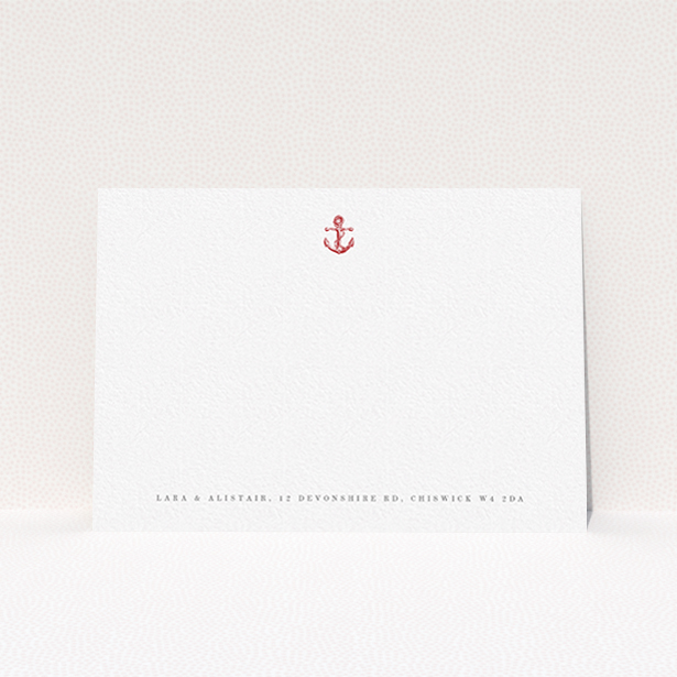 A couples personalised note card design named "Steamboat". It is an A6 card in a landscape orientation. "Steamboat" is available as a flat card, with tones of white and red.