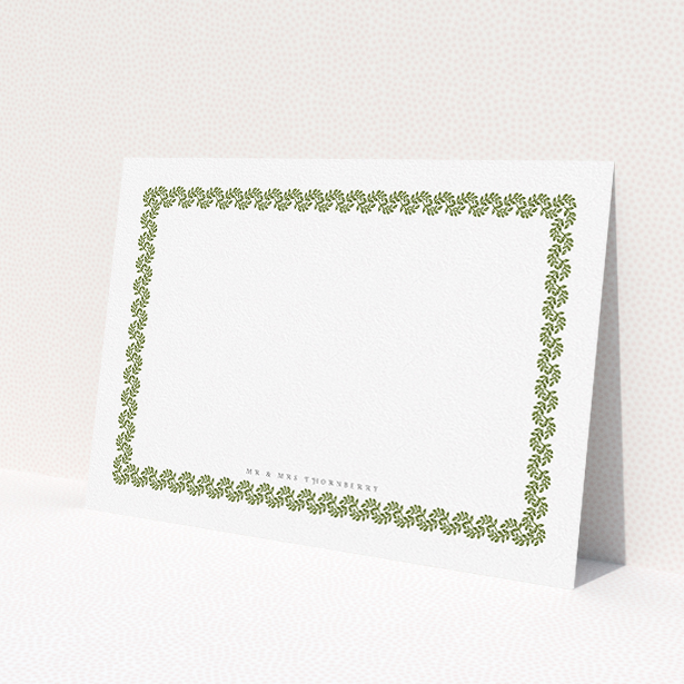 A couples personalised note card design called "Surrounded by the garden". It is an A5 card in a landscape orientation. "Surrounded by the garden" is available as a flat card, with mainly green colouring.