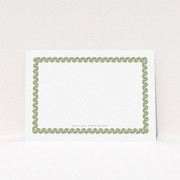A couples personalised note card design titled "Surrounded by the garden". It is an A6 card in a landscape orientation. "Surrounded by the garden" is available as a flat card, with mainly green colouring.