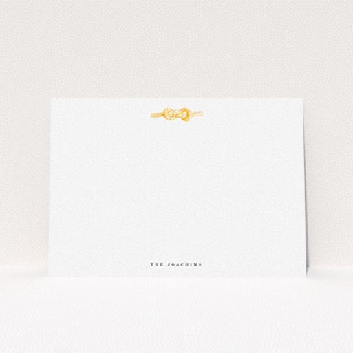A couples personalised note card design named "Tie the knot". It is an A6 card in a landscape orientation. "Tie the knot" is available as a flat card, with tones of white and orange.
