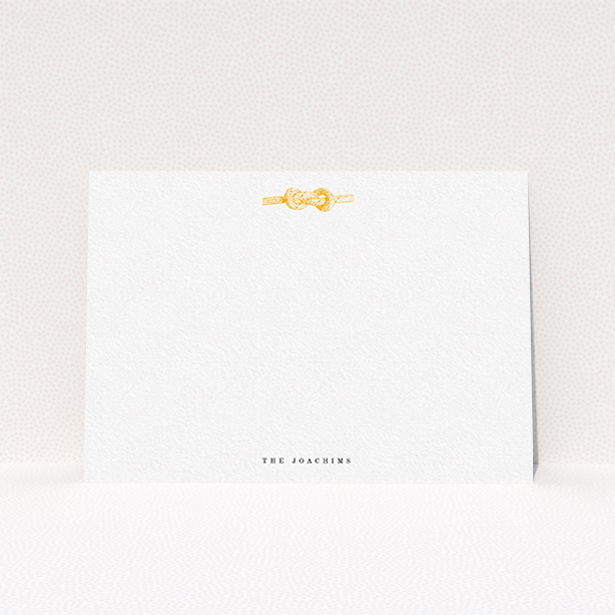 A couples personalised note card design named "Tie the knot". It is an A6 card in a landscape orientation. "Tie the knot" is available as a flat card, with tones of white and orange.