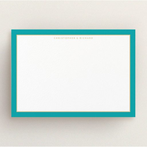 Personalised Note Card Design (Couples) - "Turquoise and gold border" A couples personalised note card named "Turquoise and gold border". It is an A5 card in a landscape orientation. "Turquoise and gold border" is available as a flat card, with tones of green and white.