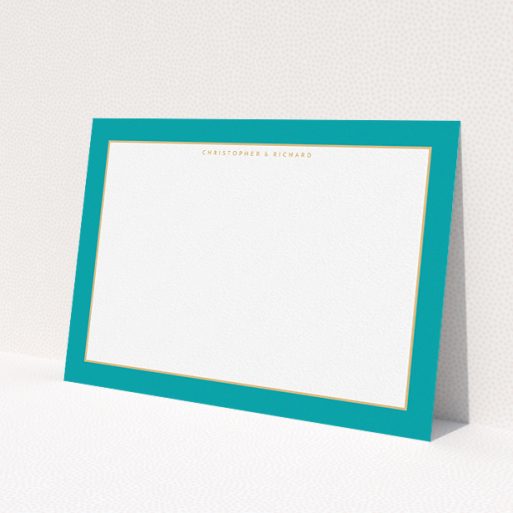 A couples personalised note card named 'Turquoise and gold border'. It is an A5 card in a landscape orientation. 'Turquoise and gold border' is available as a flat card, with tones of green and white.