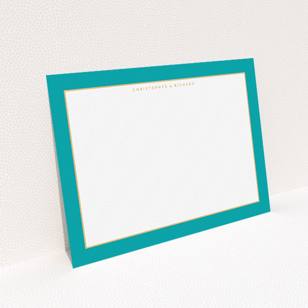 A couples personalised note card named "Turquoise and gold border". It is an A5 card in a landscape orientation. "Turquoise and gold border" is available as a flat card, with tones of green and white.
