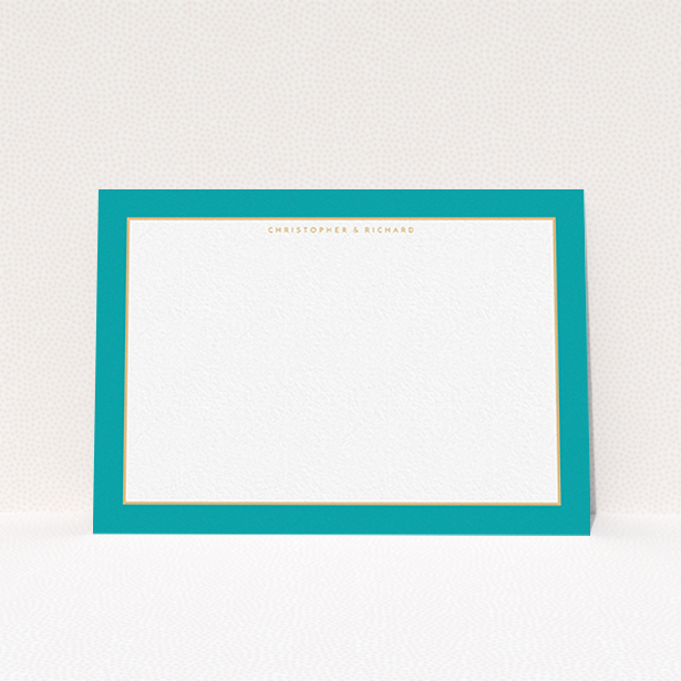 A couples personalised note card called "Turquoise and gold border". It is an A6 card in a landscape orientation. "Turquoise and gold border" is available as a flat card, with tones of green and white.