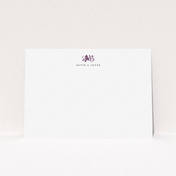 A couples personalised note card design titled "Two little daisies". It is an A6 card in a landscape orientation. "Two little daisies" is available as a flat card, with tones of white and purple.