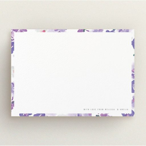 Personalised Note Card Design (Couples) - "Violet Scatter" A couples personalised note card design named "Violet Scatter". It is an A5 card in a landscape orientation. "Violet Scatter" is available as a flat card, with mainly purple/dark pink colouring.