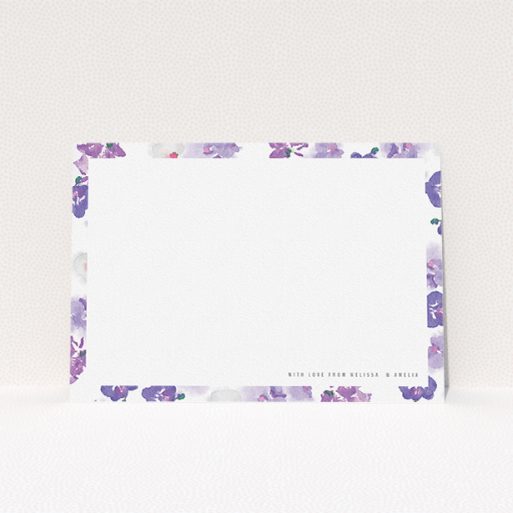 A couples personalised note card design named "Violet Scatter". It is an A5 card in a landscape orientation. "Violet Scatter" is available as a flat card, with mainly purple/dark pink colouring.