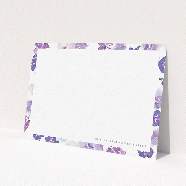 A couples personalised note card design named 'Violet Scatter'. It is an A5 card in a landscape orientation. 'Violet Scatter' is available as a flat card, with mainly purple/dark pink colouring.