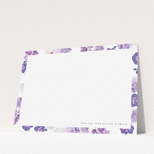 A couples personalised note card design named "Violet Scatter". It is an A5 card in a landscape orientation. "Violet Scatter" is available as a flat card, with mainly purple/dark pink colouring.