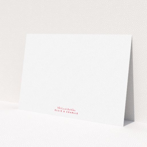 A couples personalised note card design called 'With love and best wishes'. It is an A5 card in a landscape orientation. 'With love and best wishes' is available as a flat card, with tones of white and red.