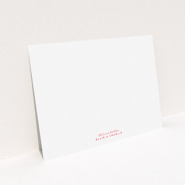 A couples personalised note card design called "With love and best wishes". It is an A5 card in a landscape orientation. "With love and best wishes" is available as a flat card, with tones of white and red.