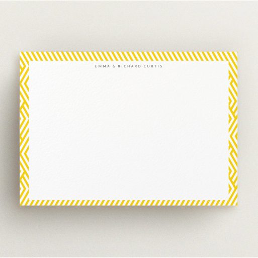 Personalised Note Card Design (Couples) - "Yellow lines" A couples personalised note card named "Yellow lines". It is an A5 card in a landscape orientation. "Yellow lines" is available as a flat card, with tones of yellow and white.