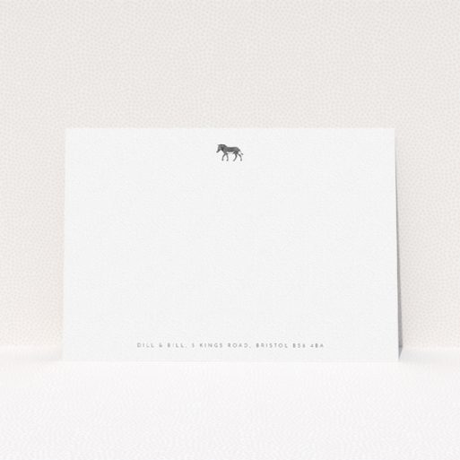 A couples personalised note card design named "Zebra crossing". It is an A5 card in a landscape orientation. "Zebra crossing" is available as a flat card, with tones of white and Black.