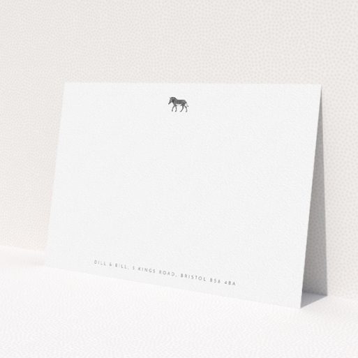 A couples personalised note card design named 'Zebra crossing'. It is an A5 card in a landscape orientation. 'Zebra crossing' is available as a flat card, with tones of white and Black.