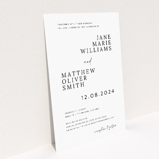 Criss Cross wedding invitation - A5 portrait, avant-garde design with bold intersecting lines. This image shows the front and back sides together