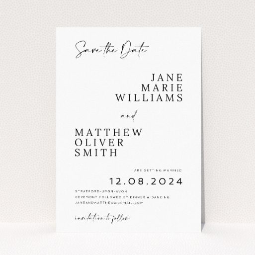 Criss Cross wedding save the date card A6, perfect balance of modernity and elegance, timeless black and white colour scheme exuding sophistication, signature-style script for "Save the Date" adding a personalised touch, crisp serif typeface for couple's names and event details, chic simplicity drawing attention to important information, stylish and refined introduction to the wedding day This is a view of the front