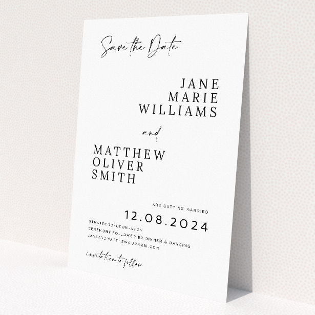 Criss Cross wedding save the date card A6, perfect balance of modernity and elegance, timeless black and white colour scheme exuding sophistication, signature-style script for 'Save the Date' adding a personalised touch, crisp serif typeface for couple's names and event details, chic simplicity drawing attention to important information, stylish and refined introduction to the wedding day This is a view of the front