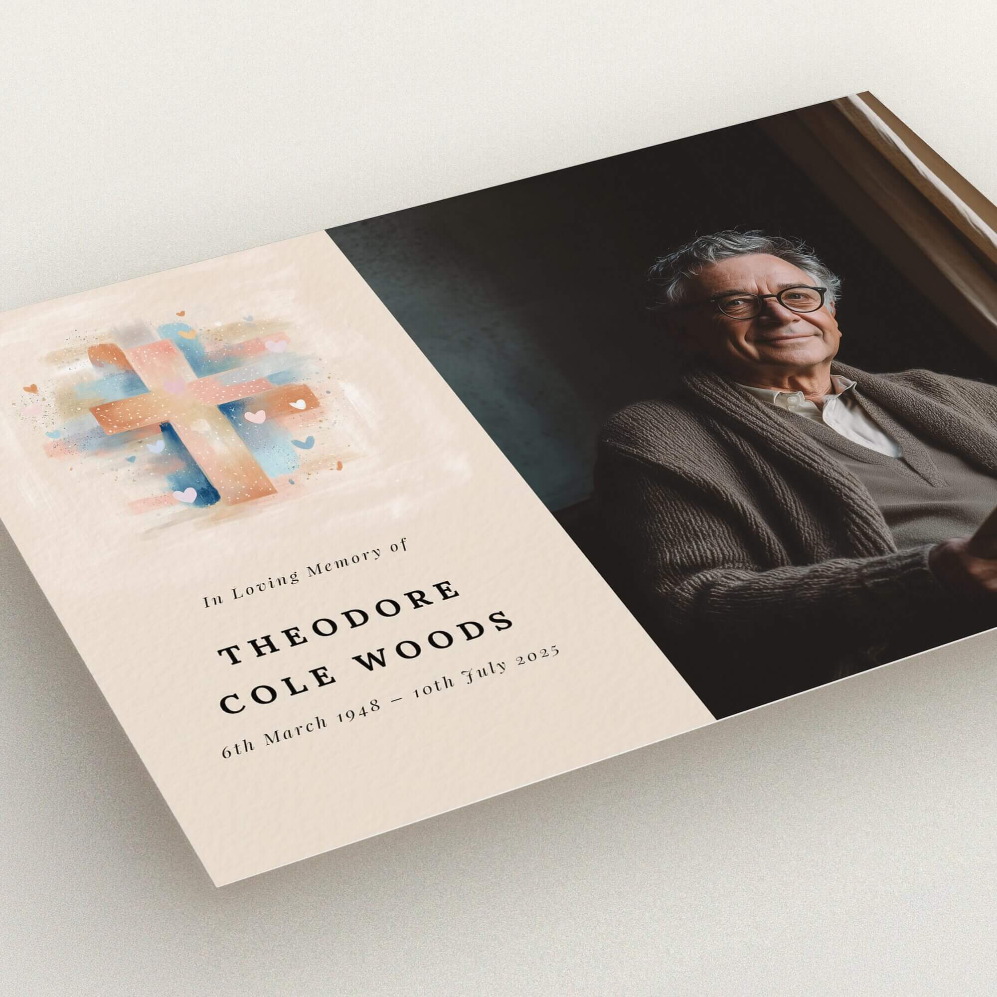 Funeral announcement design with cross artwork and one photo of a person reading a book.