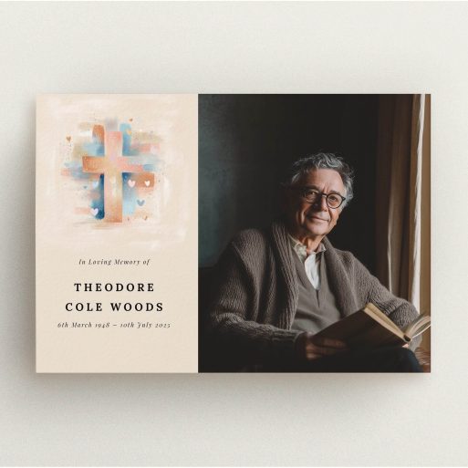 Elegant Funeral Announcement Funeral announcement design with cross artwork and one photo of a person reading a book.