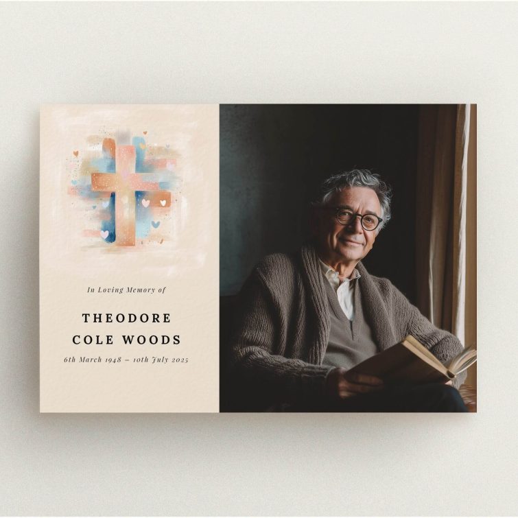 Funeral announcement design with cross artwork and one photo of a person reading a book.