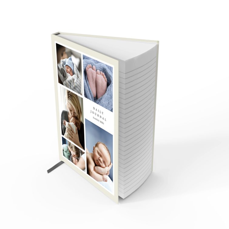 Portrait orientation notebook cover design with five photos on the front, ideal for personalisation and photo gifts from Utterly Printable.