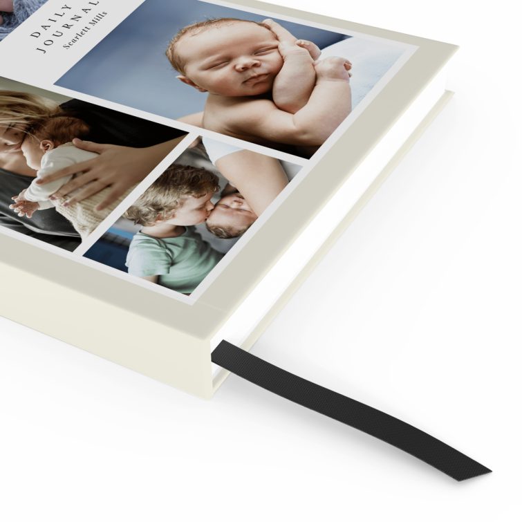 Portrait orientation notebook cover design with five photos on the front, ideal for personalisation and photo gifts from Utterly Printable.