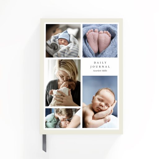 Portrait orientation notebook cover design with five photos on the front, ideal for personalisation and photo gifts from Utterly Printable.