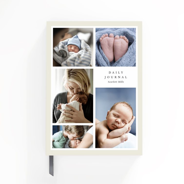 Portrait orientation notebook cover design with five photos on the front, ideal for personalisation and photo gifts from Utterly Printable.