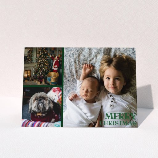A custom christmas card called "3-Snap Green". It is an A5 card in a landscape orientation. It is a photographic custom christmas card with room for 3 photos. "3-Snap Green" is available as a folded card, with tones of white and green.