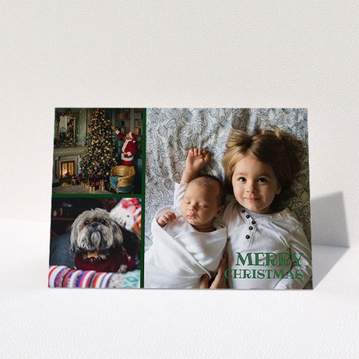 A custom christmas card called "3-Snap Green". It is an A5 card in a landscape orientation. It is a photographic custom christmas card with room for 3 photos. "3-Snap Green" is available as a folded card, with tones of white and green.