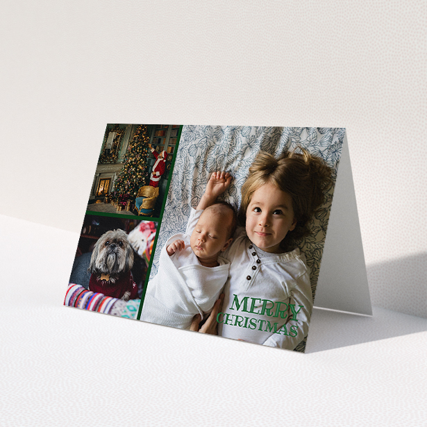 A custom christmas card called '3-Snap Green'. It is an A5 card in a landscape orientation. It is a photographic custom christmas card with room for 3 photos. '3-Snap Green' is available as a folded card, with tones of white and green.