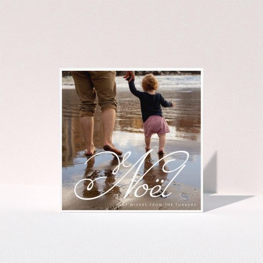A custom christmas card named "Big Noel ". It is a square (148mm x 148mm) card in a square orientation. It is a photographic custom christmas card with room for 1 photo. "Big Noel " is available as a folded card, with mainly white colouring.