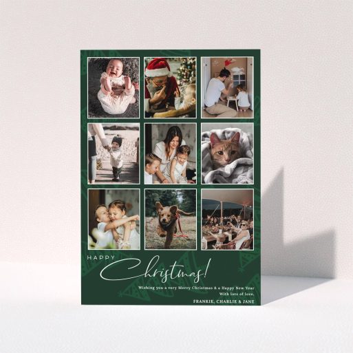 A custom christmas card design called "Forrest Green". It is an A5 card in a portrait orientation. It is a photographic custom christmas card with room for 9 photos "Forrest Green" is available as a folded card, with tones of green and white.