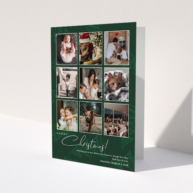 A custom christmas card design called "Forrest Green". It is an A5 card in a portrait orientation. It is a photographic custom christmas card with room for 9 photos "Forrest Green" is available as a folded card, with tones of green and white.
