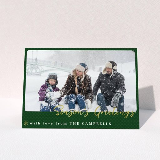 A custom christmas card design titled "Green Christmas Rounded". It is an A6 card in a landscape orientation. It is a photographic custom christmas card with room for 1 photo. "Green Christmas Rounded" is available as a folded card, with tones of green and gold.