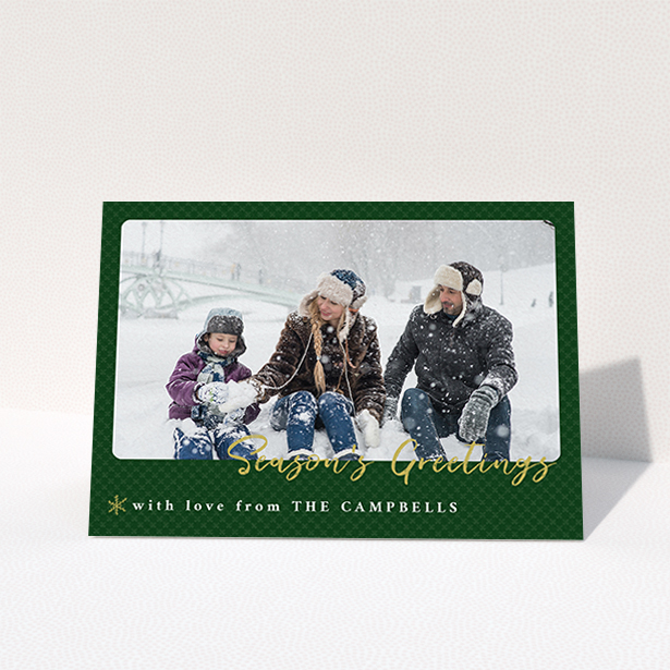 A custom christmas card design titled "Green Christmas Rounded". It is an A6 card in a landscape orientation. It is a photographic custom christmas card with room for 1 photo. "Green Christmas Rounded" is available as a folded card, with tones of green and gold.