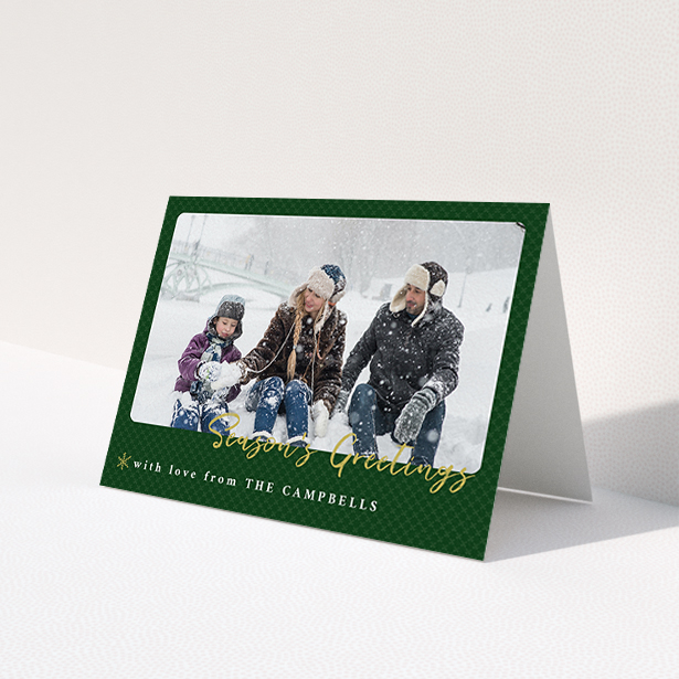 A custom christmas card design titled 'Green Christmas Rounded'. It is an A6 card in a landscape orientation. It is a photographic custom christmas card with room for 1 photo. 'Green Christmas Rounded' is available as a folded card, with tones of green and gold.
