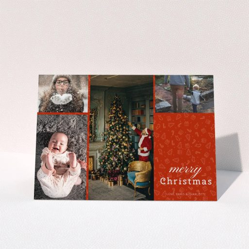 A custom christmas card design called "Iconic Christmas". It is an A5 card in a landscape orientation. It is a photographic custom christmas card with room for 4 photos. "Iconic Christmas" is available as a folded card, with tones of red and white.