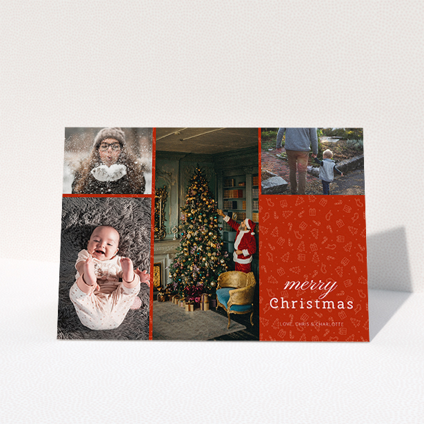 A custom christmas card design called "Iconic Christmas". It is an A5 card in a landscape orientation. It is a photographic custom christmas card with room for 4 photos. "Iconic Christmas" is available as a folded card, with tones of red and white.